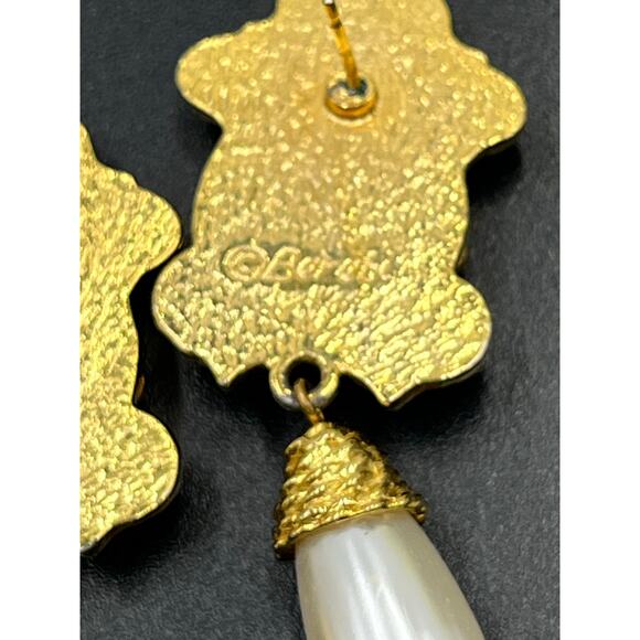 Berebi Designer Vintage Black Enamel Faux Pearl Drop Dangle Statement Earrings - Picture 5 of 7